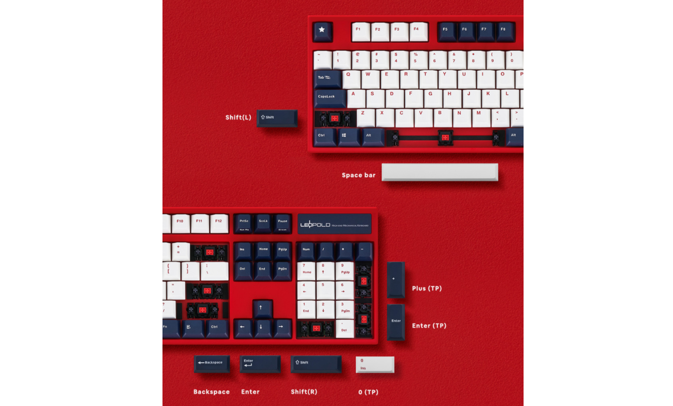 Bàn phím cơ Leopold FC900RPD Blue Star (USB/PBT Doubleshot/White Navy/Red case/Red sw) trang bị hệ thống stab của Cherry vô cùng chắc chắn